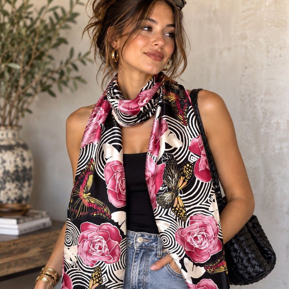 Y2K Satin Scarf Rose Butterfly Black White Pink Long Statement Scarf
